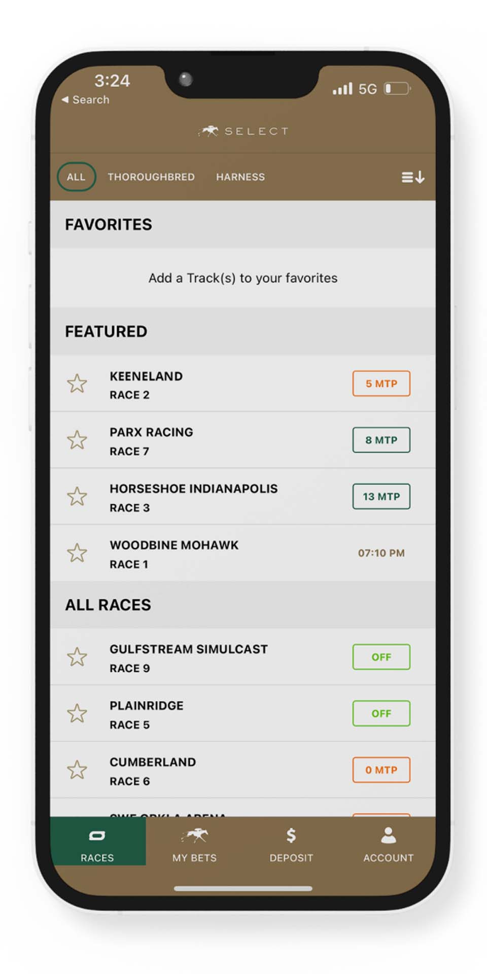 A screenshot showing the current races on the Keeneland Select App