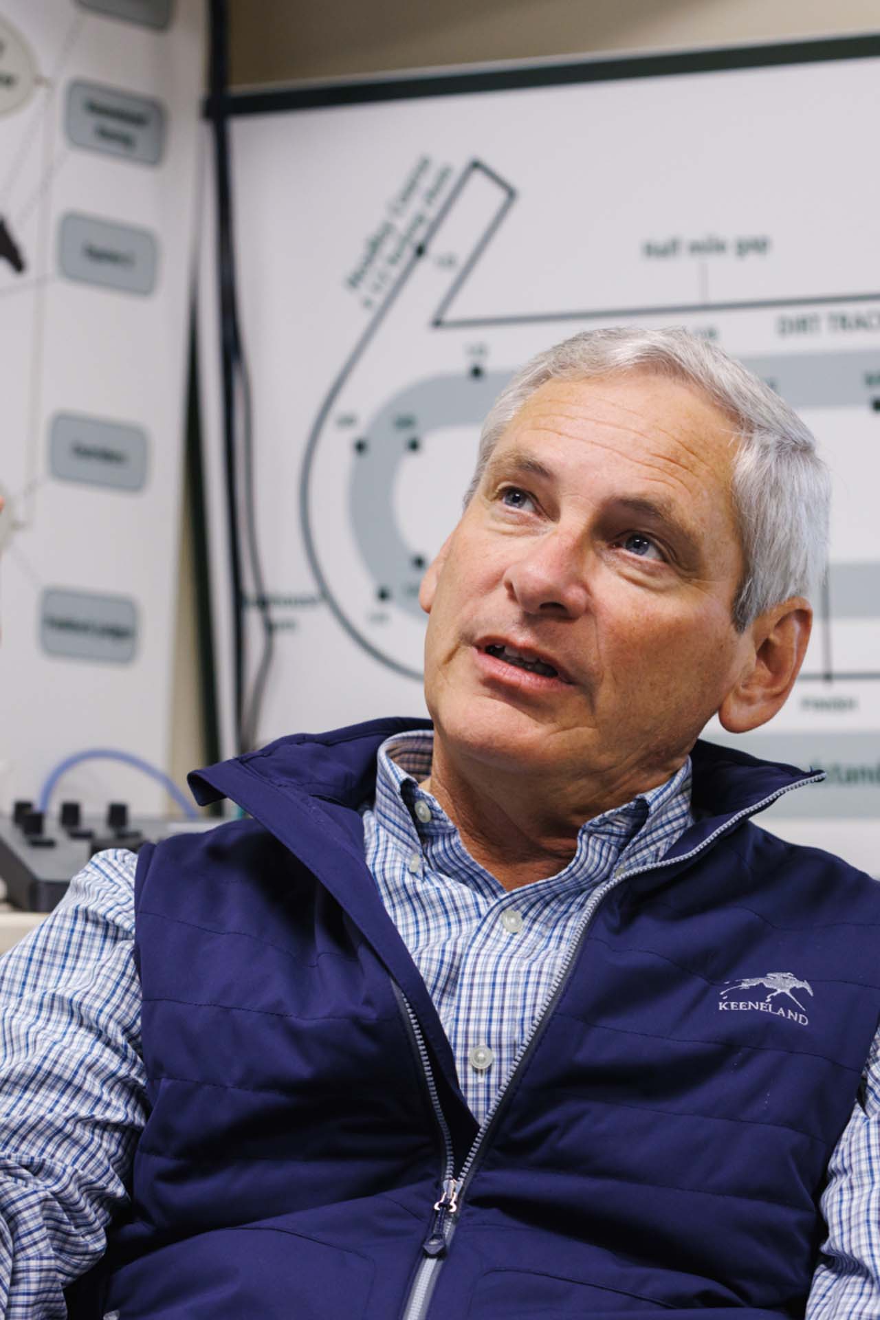 An up-close photo of Dr. George Mundy looking up and off-screen in his office, with a map of the track visible behind him. He is an older White man with short silver hair. He is wearing a navy Keeneland-brand vest over a white and blue checkered shirt.