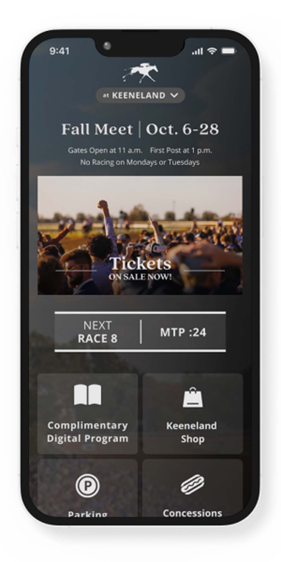A screenshot of the Keeneland Race Day App Home Page