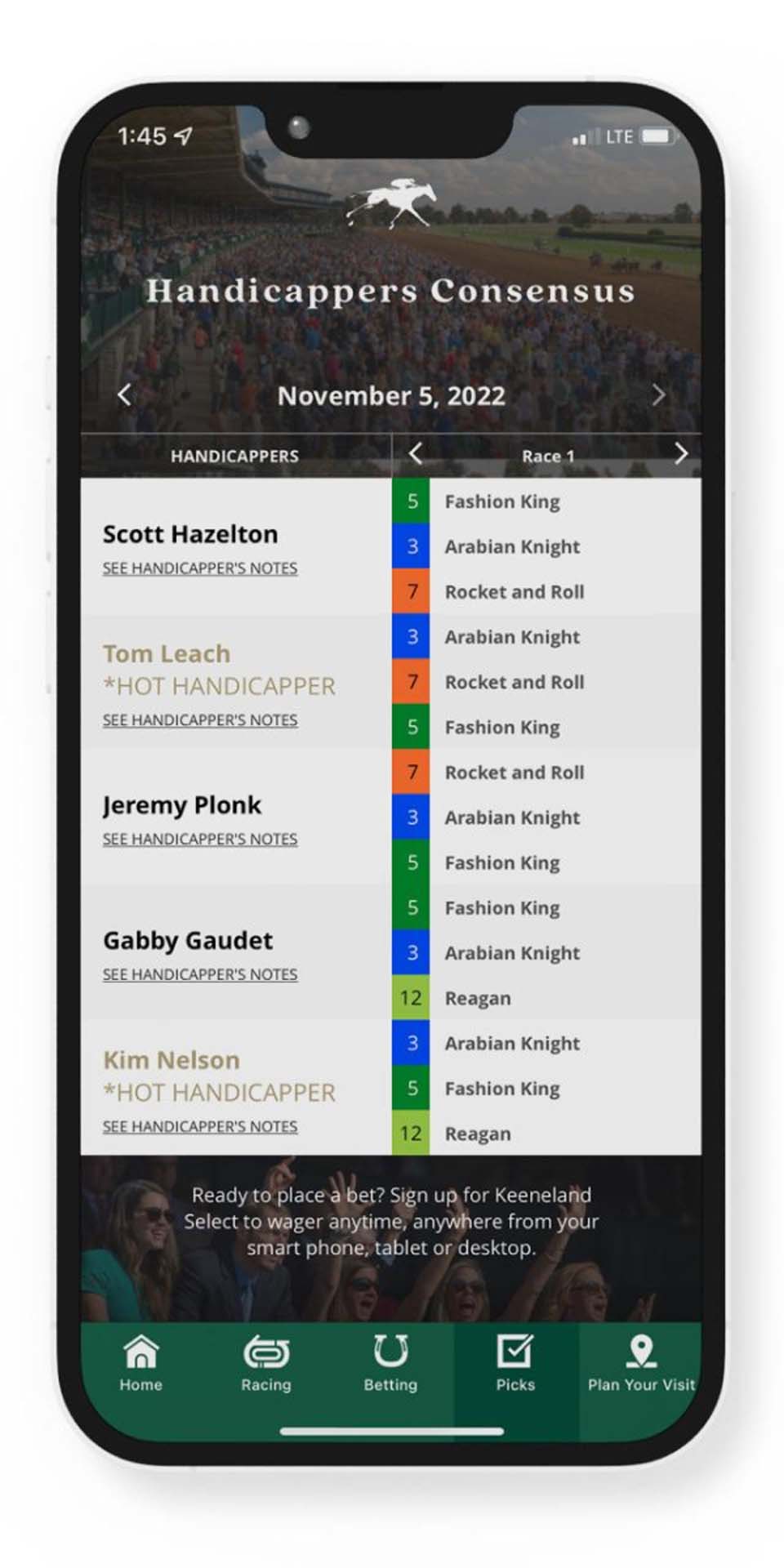 A screenshot of the Handicappers Consensus page on the Keeneland Race Day App