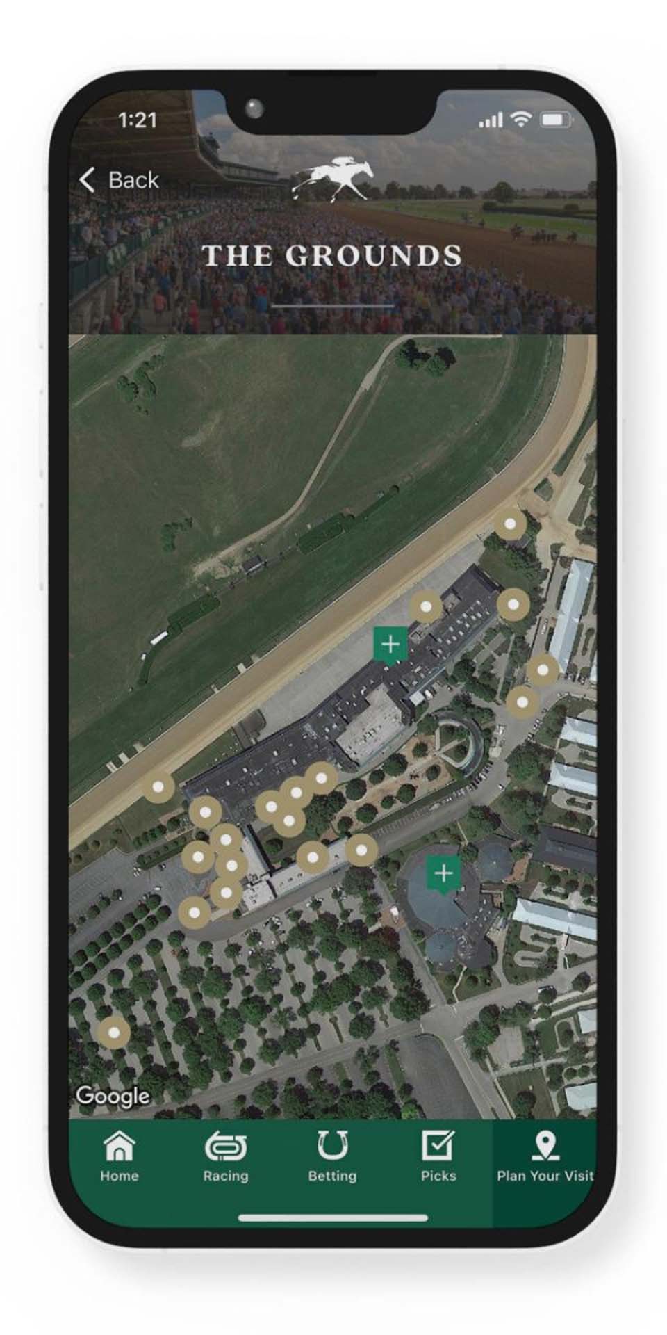 A screenshot of the Race The Grounds page on the Keeneland Race Day App