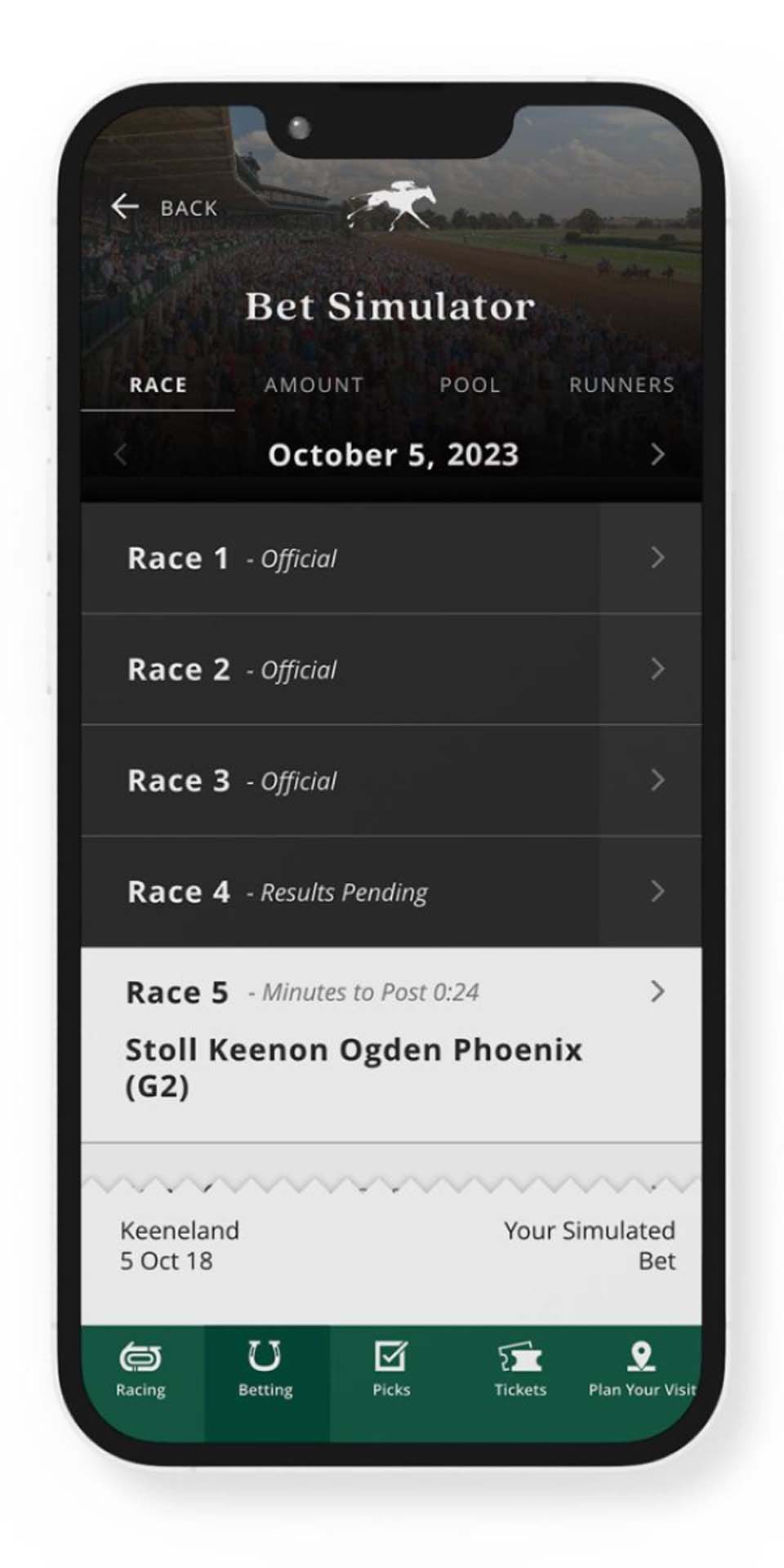 A screenshot of the Race Bet Simulator page on the Keeneland Race Day App