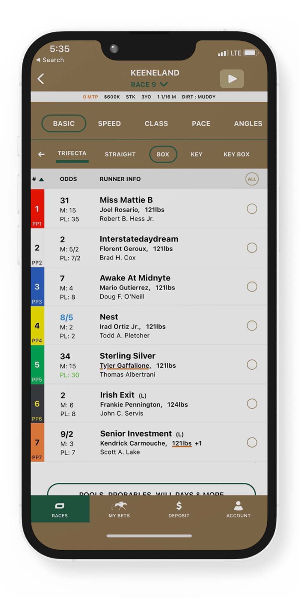 A screenshot showing a list of betting odds on the Keeneland Select App